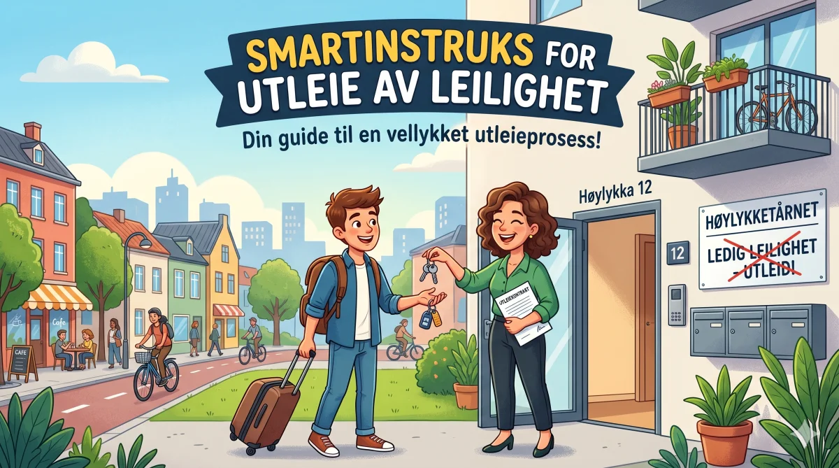Utleier gir nøkler til ny leietaker med koffert foran leilighetsbygg. Skilt: "Utleid!".