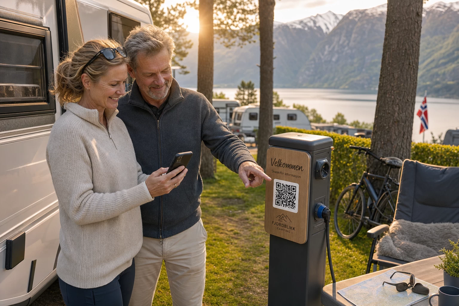 Campinggjester bruker mobiltelefonen for å skanne en QR-kode på en strømstolpe for enkel veiledning.